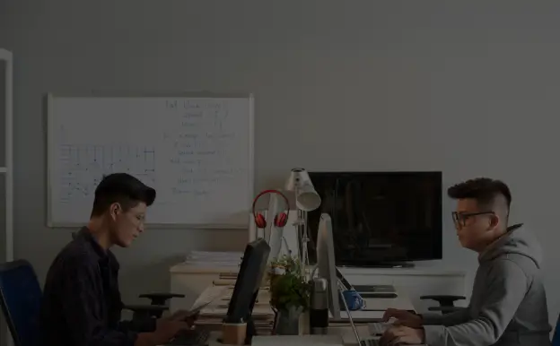 Remote development team collaborating on offshore software development project in office environment
